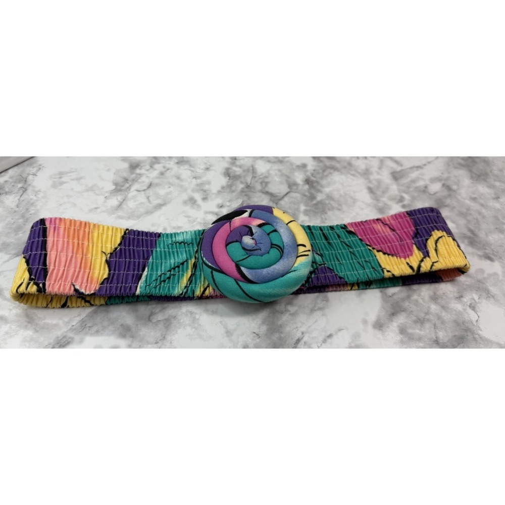 VTG 80s Floral Striped Cinch Elastic Belt Size S/M Stretch Geometric Retro Color